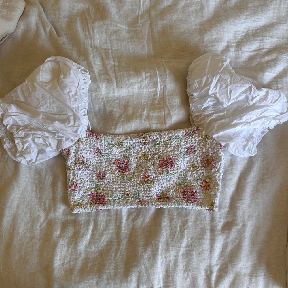 Zara Cream Puff Sleeve Smocked Crop Blouse